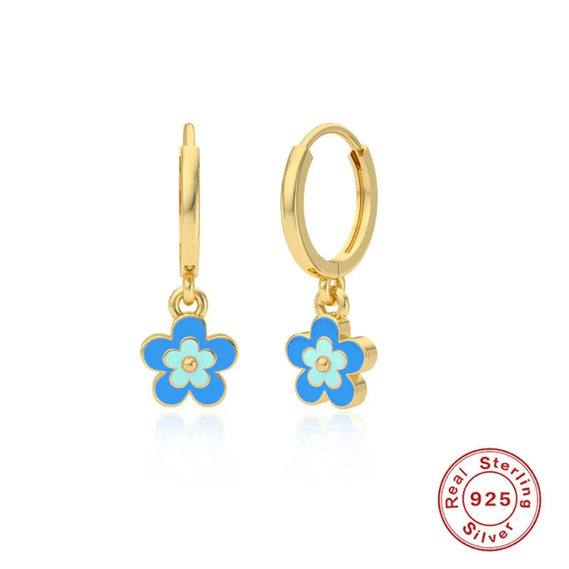 Colorful Flower Petal Hoop Earrings 925 Sterling Silver Sweet Girls Jewelry