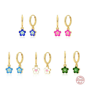 Colorful Flower Petal Hoop Earrings 925 Sterling Silver Sweet Girls Jewelry