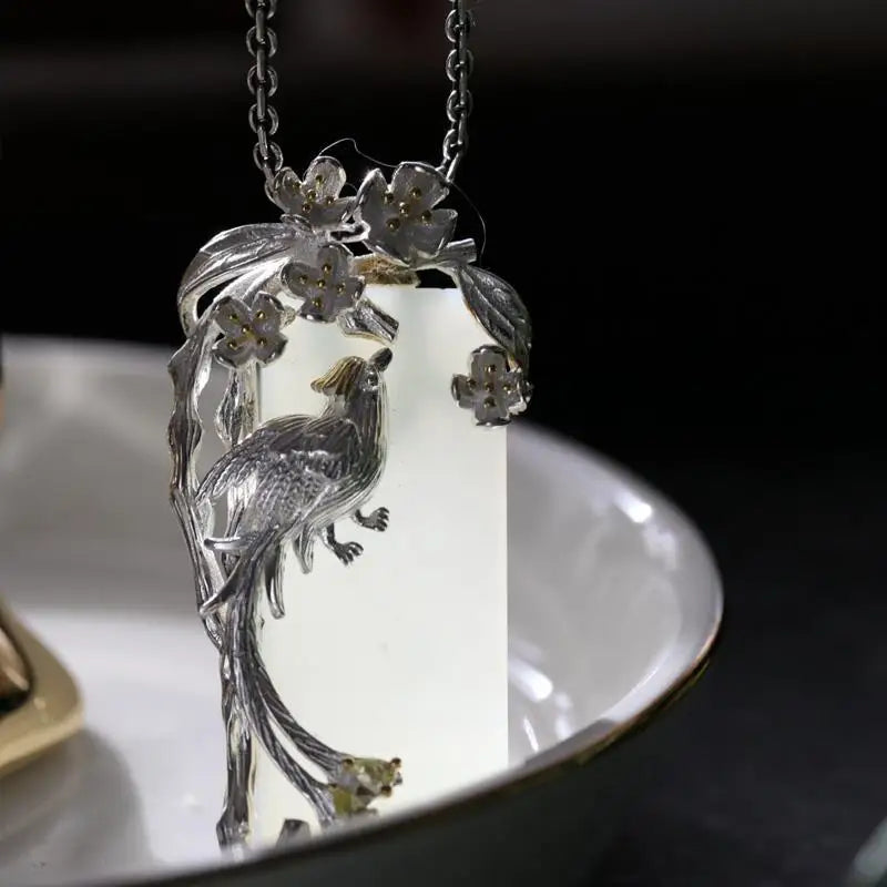 Phoenix Southern Silver Ornament Women's Hetian Jade Sweater Necklace Pendant