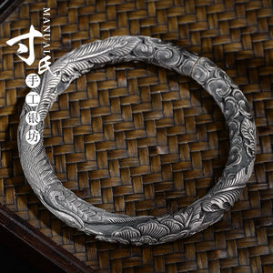 Phoenix Peony Relief Silver Bracelet