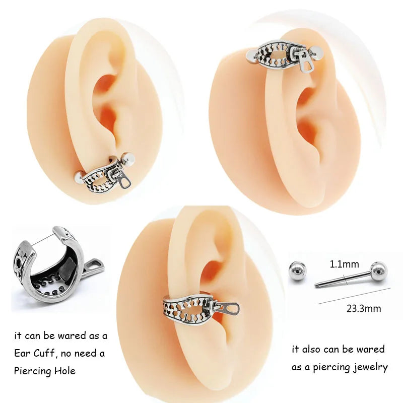 Zipper Shape Clip on Earrings Stainless Titanium Steel Non-piercing Ear Cuff