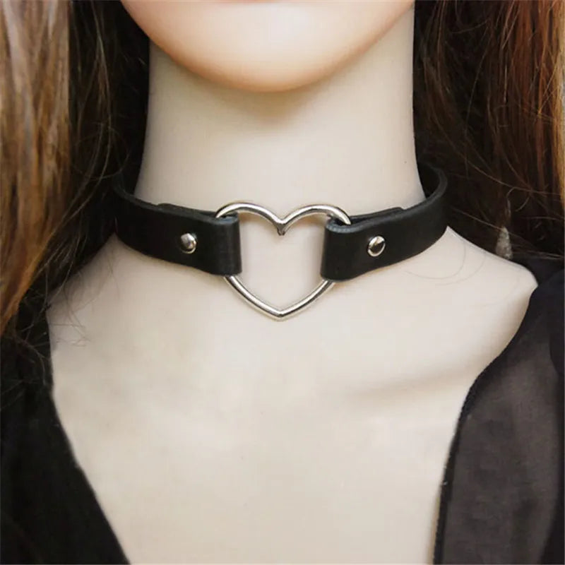 Adjustable Leather Heart Choker Necklace Punk Gothic Collar