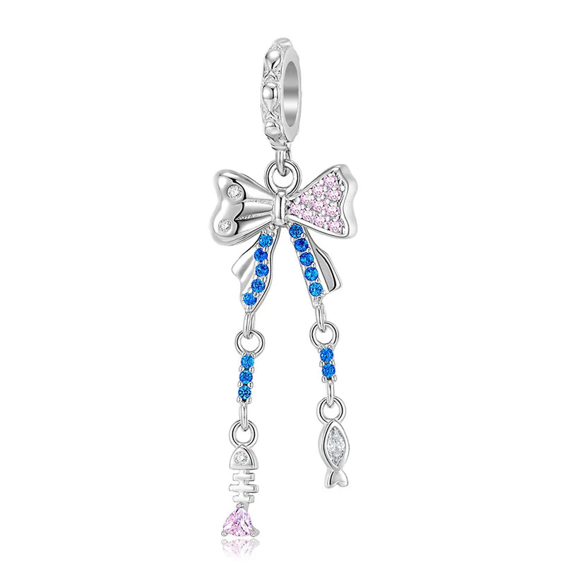 Pink & CZ Bow & Fishbones Dangle Charm for Women Bracelet Necklace