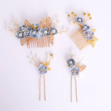 Pink/Blue Flower Bridal Hair Comb & Hairpins Pearl Wedding Accessories
