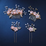 Pink/Blue Flower Bridal Hair Comb & Hairpins Pearl Wedding Accessories