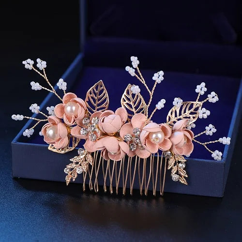 Pink/Blue Flower Bridal Hair Comb & Hairpins Pearl Wedding Accessories