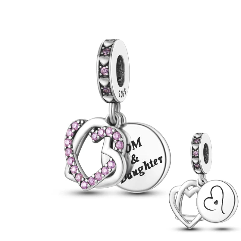 Pink CZ Heart Mom & Daughter Dangle Charm 925 Silver