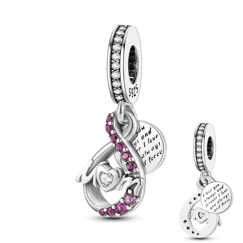 Pink CZ Mom Infinity Double Dangle Charm 925 Silver