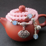 Pink Chalcedony Crystal Bracelet Tibetan Silver Longevity Lock Bells