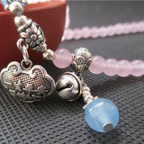 Pink Chalcedony Crystal Bracelet Tibetan Silver Longevity Lock Bells