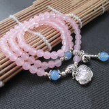 Pink Chalcedony Crystal Bracelet Tibetan Silver Longevity Lock Bells