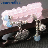 Pink Chalcedony Crystal Bracelet Tibetan Silver Longevity Lock Bells