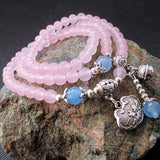Pink Chalcedony Crystal Bracelet Tibetan Silver Longevity Lock Bells