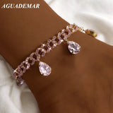 Pink Water Drop Crystal Anklet Cuban Link Chain HipHop Rock Jewelry