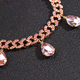 Pink Water Drop Crystal Anklet Cuban Link Chain HipHop Rock Jewelry