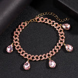 Pink Water Drop Crystal Anklet Cuban Link Chain HipHop Rock Jewelry