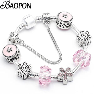 Pink Crystal & Class Beads Charm Bracelets for Women DIY Bangles