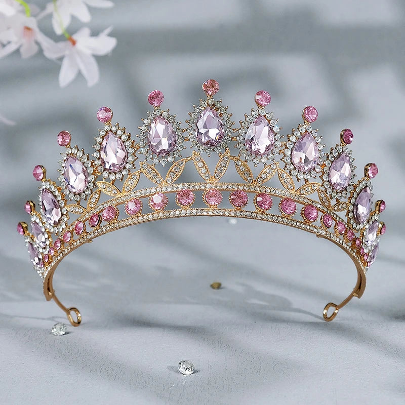 Pink Crystal Crown Tiaras Rhinestone Bridal Wedding Hair Jewelry
