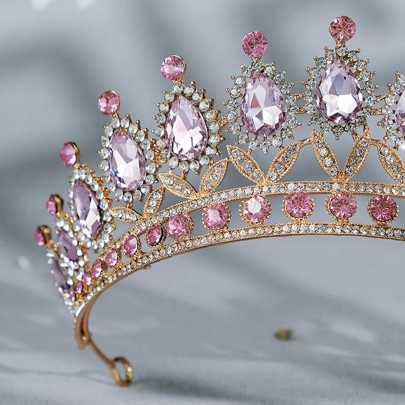 Pink Crystal Crown Tiaras Rhinestone Bridal Wedding Hair Jewelry