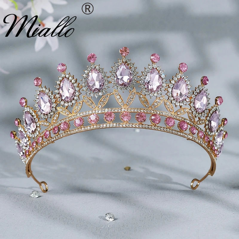 Pink Crystal Crown Tiaras Rhinestone Bridal Wedding Hair Jewelry