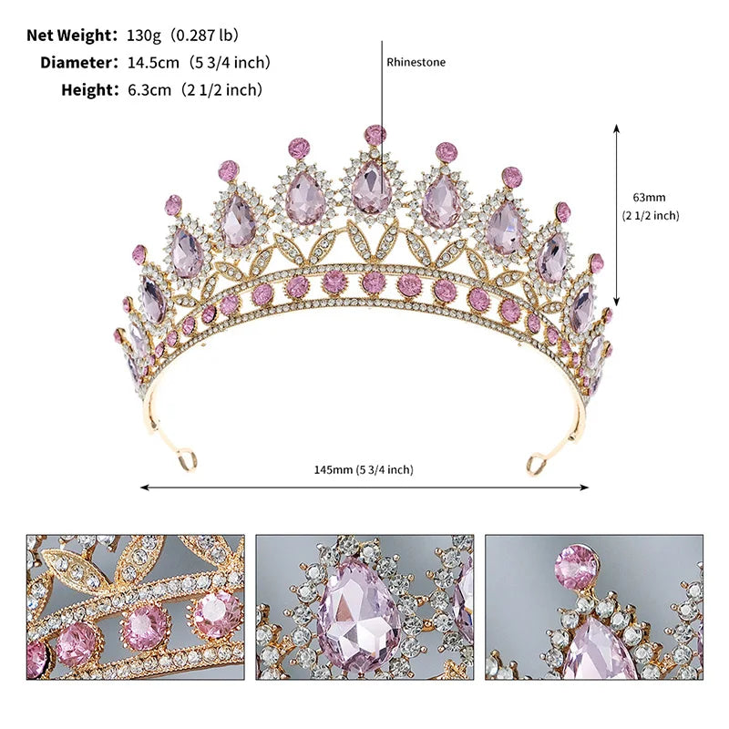 Pink Crystal Crown Tiaras Rhinestone Bridal Wedding Hair Jewelry