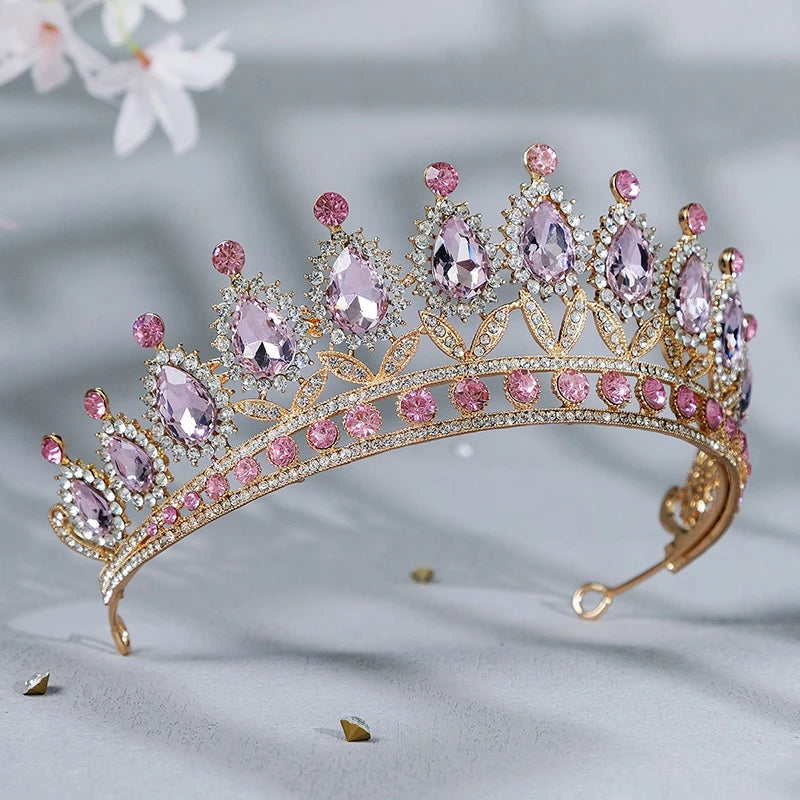 Pink Crystal Crown Tiaras Rhinestone Bridal Wedding Hair Jewelry