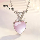 Pink Crystal Heart Shaped Pendant 925 Silver Natural Stone Charms Fine Jewelry