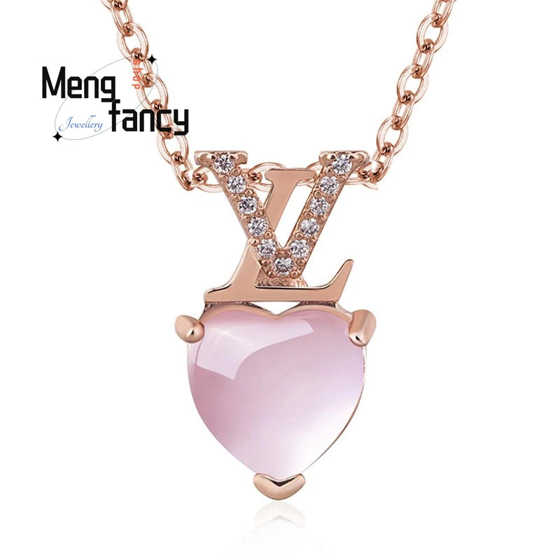 Pink Crystal Heart Shaped Pendant 925 Silver Natural Stone Charms Fine Jewelry