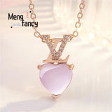 Pink Crystal Heart Shaped Pendant 925 Silver Natural Stone Charms Fine Jewelry