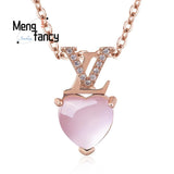 Pink Crystal Heart Shaped Pendant 925 Silver Natural Stone Charms Fine Jewelry