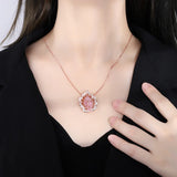 Pink Crystal Maple Leaf Water Droplet Pendant Necklace Women Jewelry