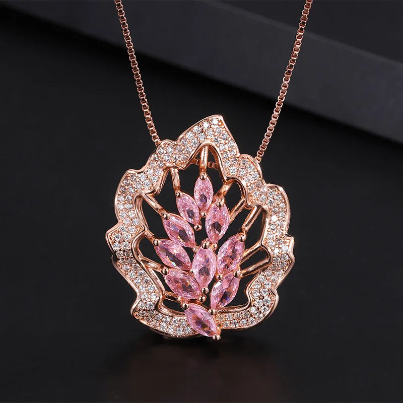 Pink Crystal Maple Leaf Water Droplet Pendant Necklace Women Jewelry