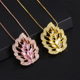 Pink Crystal Maple Leaf Water Droplet Pendant Necklace Women Jewelry