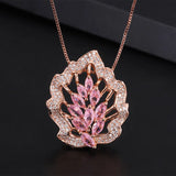 Pink Crystal Maple Leaf Water Droplet Pendant Necklace Women Jewelry