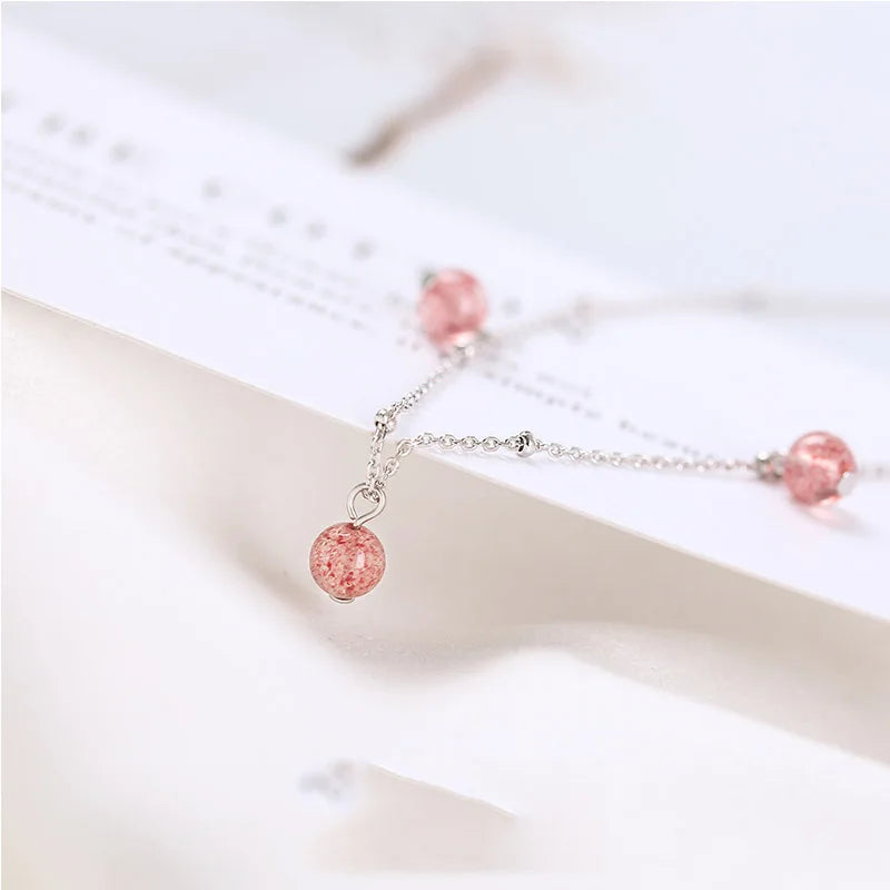 Pink Crystal Necklace Female Strawberry Crystal 925 Sterling Silver