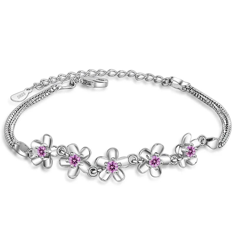 Pink Crystal Peach Blossom Flowers Bracelet 925 Silver Jewelry
