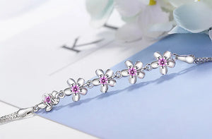 Pink Crystal Peach Blossom Flowers Bracelet 925 Silver Jewelry