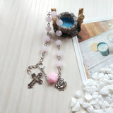 Pink Crystal Prayer Beads Chain Rosary Bracelet Cross Rose Charms