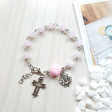 Pink Crystal Prayer Beads Chain Rosary Bracelet Cross Rose Charms