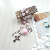 Pink Crystal Prayer Beads Chain Rosary Bracelet Cross Rose Charms