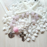 Pink Crystal Prayer Beads Chain Rosary Bracelet Cross Rose Charms