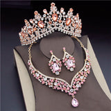 Pink Crystal Tiara Bridal Jewelry Set Wedding Crown Earrings Necklace