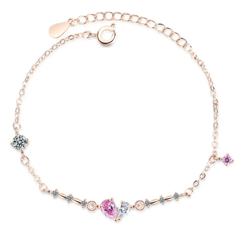 Pink Crystal Heart Bracelet 925 Silver Jewelry