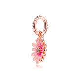 Pink Daisy Flower Dangle Charm 925 Silver Jewelry For Bracelets DIY