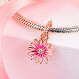 Pink Daisy Flower Dangle Charm 925 Silver Jewelry For Bracelets DIY