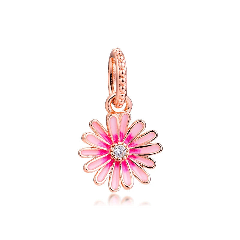 Pink Daisy Flower Dangle Charm 925 Silver Jewelry For Bracelets DIY