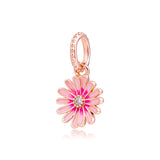 Pink Daisy Flower Dangle Charm 925 Silver Jewelry For Bracelets DIY