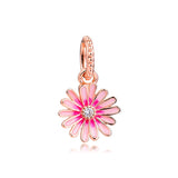 Pink Daisy Flower Dangle Charm 925 Silver Jewelry For Bracelets DIY