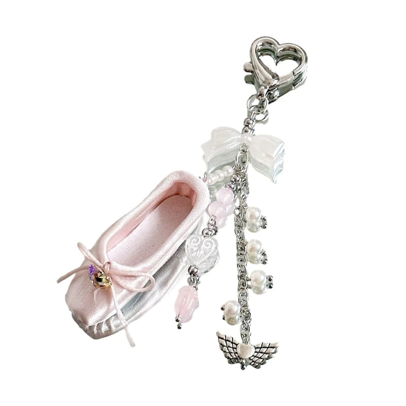 Pink Dance Shoes Keychain Ribbon Bowknot Keyring Bags Backpacks Phone Charm