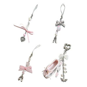 Pink Dance Shoes Keychain Ribbon Bowknot Keyring Bags Backpacks Phone Charm
